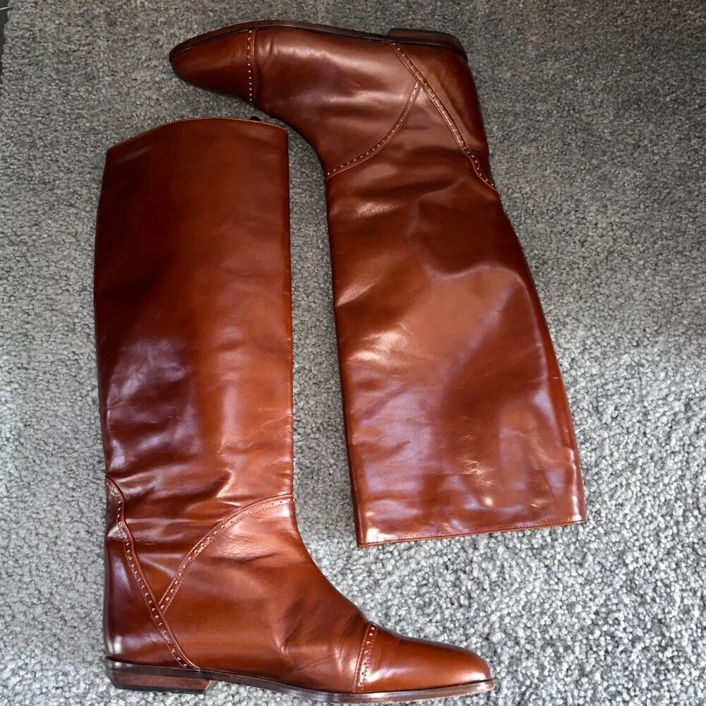 BASSOTTO KNEE HIGH RIDING BOOTS COGNAC LEATHER BROGUE DETAILS MADE IN ITALY EU40